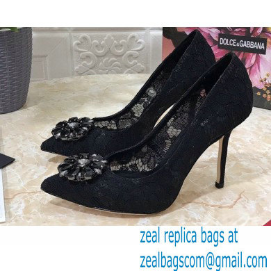 Dolce & Gabbana Heel 10.5cm Taormina Lace Pumps Black with Crystals 2021